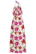 San Agustin Pleated Midi Linen Dress / Fuchsia Flowers
