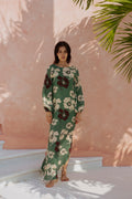 Saman Linen Maxi Dress / Emerald Green Maxi Ivory Flowers